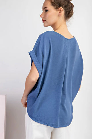 Cuffed Short Sleeve Blouse with Pleated Back Denim Blue