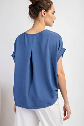 Cuffed Short Sleeve Blouse with Pleated Back Denim Blue