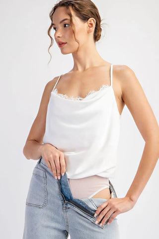 Lace Cowl Neck White Satin Bodysuit