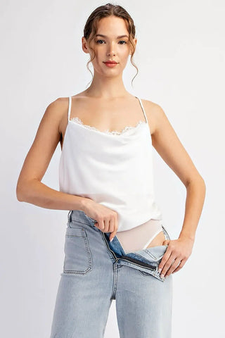 Lace Cowl Neck White Satin Bodysuit