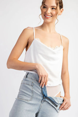 Lace Cowl Neck White Satin Bodysuit