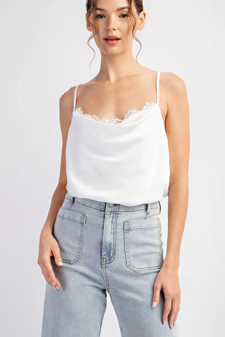 Lace Cowl Neck White Satin Bodysuit