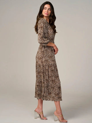 Quarter Sleeve Pleated Animal Print Maxi Dress with Pockets