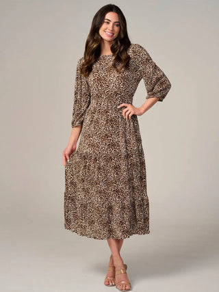 Quarter Sleeve Pleated Animal Print Maxi Dress with Pockets