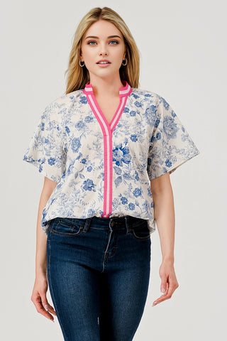 Mara Floral Toile Short Sleeve Top with Contrast Stripe Pink
