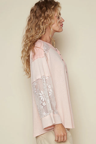 Lace and Cotton Boho Flowy Shirt with Buttons Blush Pink