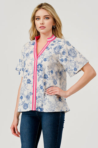 Mara Floral Toile Short Sleeve Top with Contrast Stripe Pink