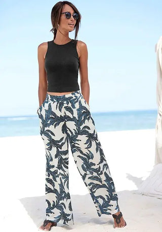 Lascana Women's Wide Leg Print Pants Ivory and Blue