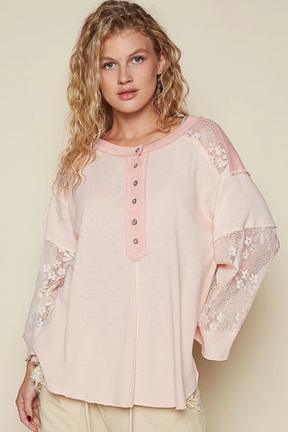 Lace and Cotton Boho Flowy Shirt with Buttons Blush Pink