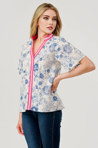 Mara Floral Toile Short Sleeve Top with Contrast Stripe Pink