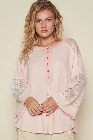 Lace and Cotton Boho Flowy Shirt with Buttons Blush Pink