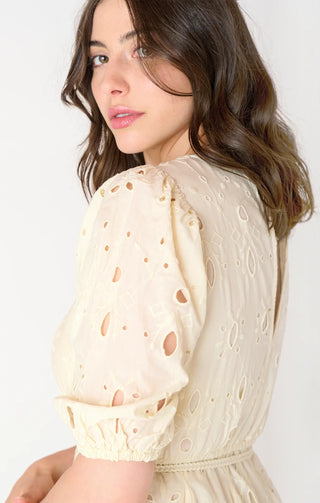 Ecru Eyelet Belted Mini Dress