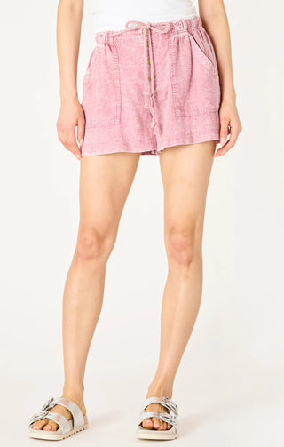 DEX Washed Plum Button Front Linen Drawstring Shorts