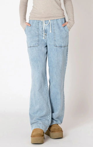 Dex Wide Leg Soft Denim Drawstring Pant Washed Blue