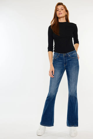 Kancan Petite mid rise flare jeans Medium Wash