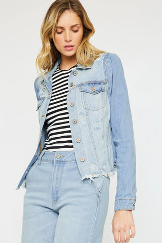 Kancan Princess Sleeve Two-Tone Destructed Denim Jacket Light Wash