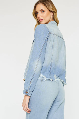 Kancan Princess Sleeve Two-Tone Destructed Denim Jacket Light Wash