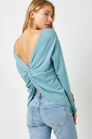 Twist Back Dolman Long Sleeve Knit Top Seafoam