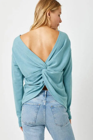 Twist Back Dolman Long Sleeve Knit Top Seafoam