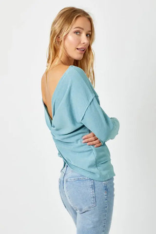 Twist Back Dolman Long Sleeve Knit Top Seafoam