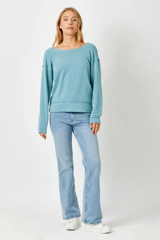 Twist Back Dolman Long Sleeve Knit Top Seafoam