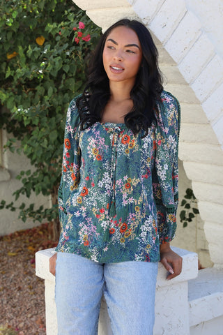 Bohemian Spring Floral Blouse Ballon Sleeve Crochet Insets