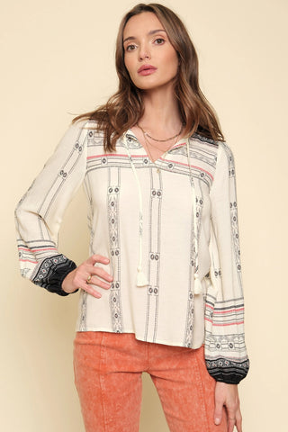 Boho Long Sleeve Border Print Blouse Cream