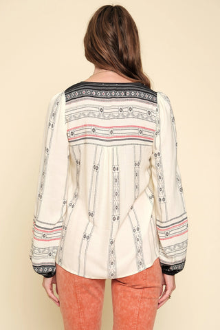 Boho Long Sleeve Border Print Blouse Cream