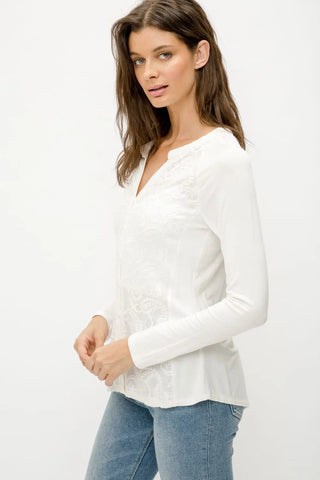 Long Sleeve White Top w/ Embroidered Front