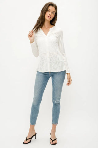 Long Sleeve White Top w/ Embroidered Front