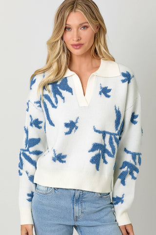 Collared Pullover Floral Sweater White and Blue