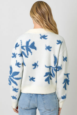 Collared Pullover Floral Sweater White and Blue