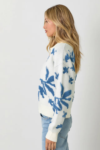 Collared Pullover Floral Sweater White and Blue