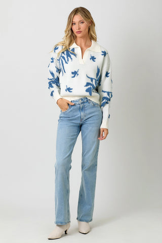 Collared Pullover Floral Sweater White and Blue