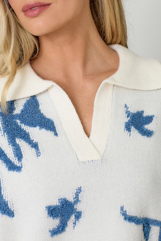 Collared Pullover Floral Sweater White and Blue