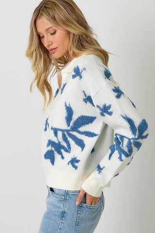 Collared Pullover Floral Sweater White and Blue