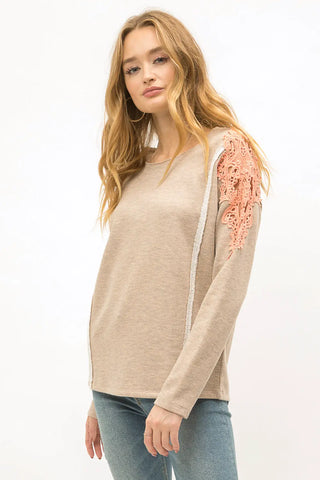 Contrasting Lace Shoulder Pullover Sweater Taupe Coral