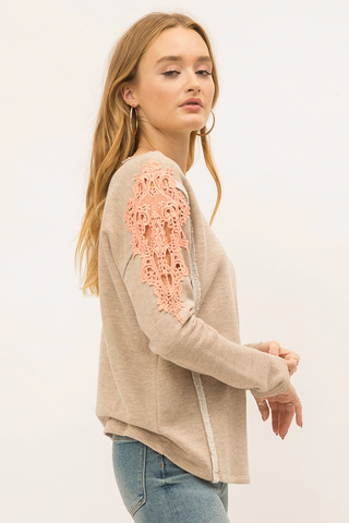 Contrasting Lace Shoulder Pullover Sweater Taupe Coral