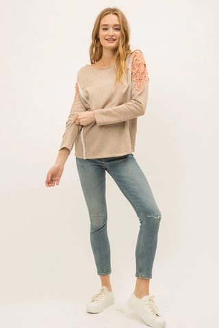 Contrasting Lace Shoulder Pullover Sweater Taupe Coral