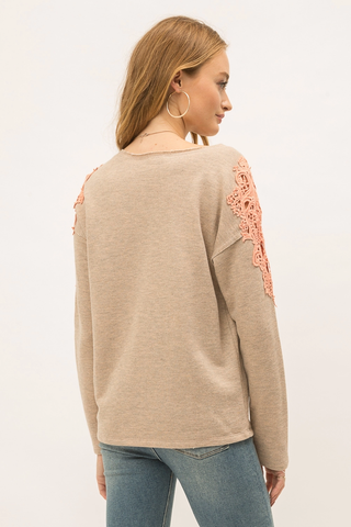 Contrasting Lace Shoulder Pullover Sweater Taupe Coral