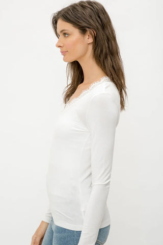 Lace Trimmed Basic Longsleeve V-Neck White