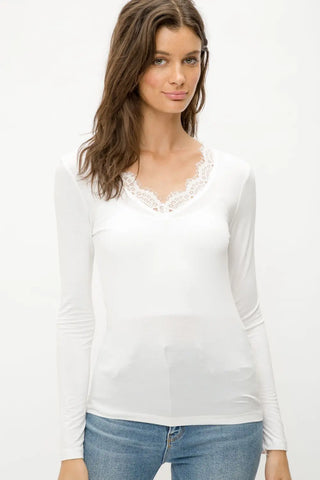 Lace Trimmed Basic Longsleeve V-Neck White