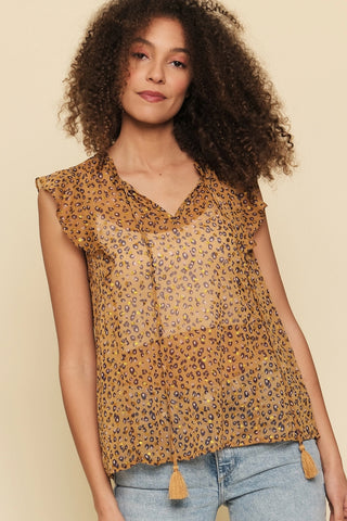 Ruffled Leopard Print Chiffon Sleeveless Blouse