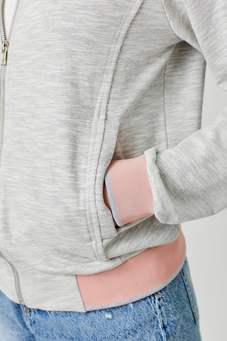 Light Gray Bomber Varsity Jacket w/ Pink Silver Metallic Hem