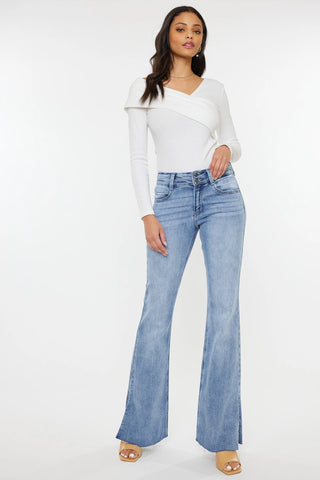 Kancan MidRise Scissor Cut Flare Jeans with Side Slit Light Wash