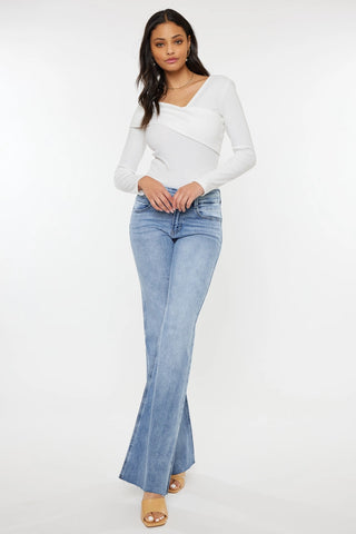 Kancan MidRise Scissor Cut Flare Jeans with Side Slit Light Wash