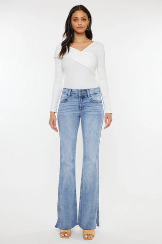 Kancan MidRise Scissor Cut Flare Jeans with Side Slit Light Wash