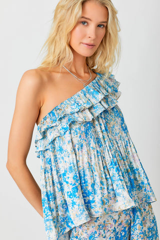 One Shoulder Pleated Blue Floral Ruffle Top