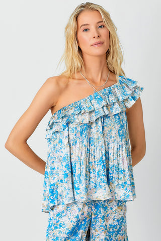 One Shoulder Pleated Blue Floral Ruffle Top