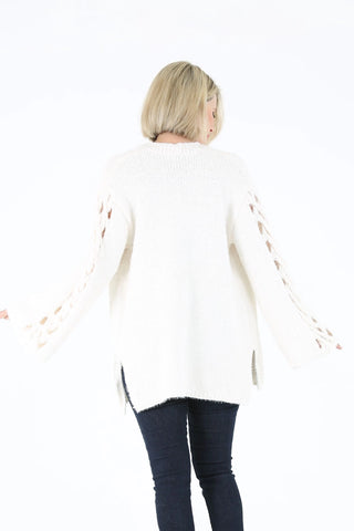 Open Braid Flare Sleeve Ivory Cardigan Sweater